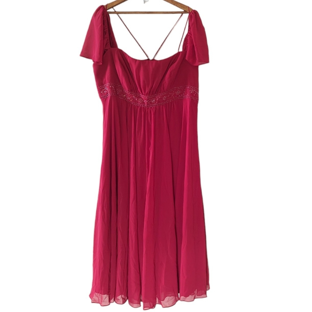 David's Bridal Red Dress 20W Chiffon Strappy Cap Sleeve Beaded Sequin Formal 2X